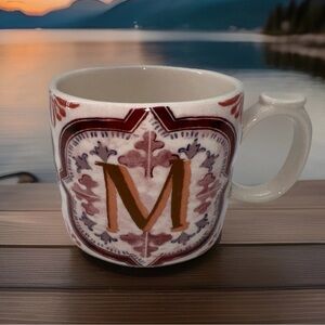 RETIRED Anthropologie Festive Bistro Tile Monogram Mug with the letter'M’ 15oz.